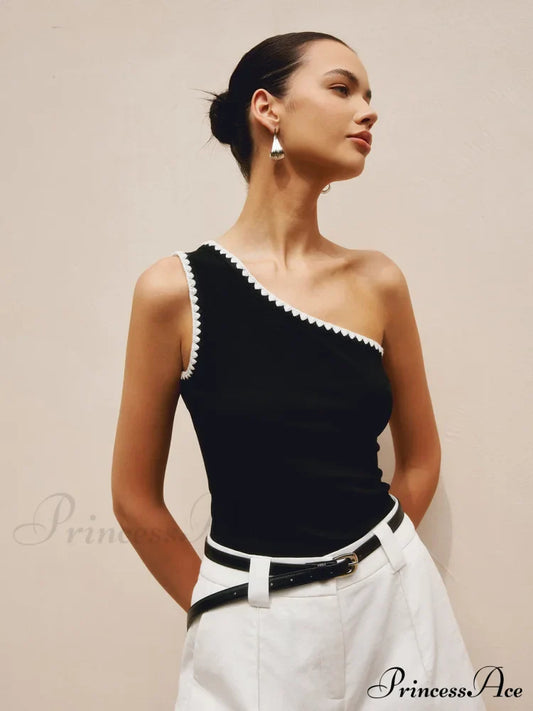Contrast Trim One Trendy Shoulder Off Tank Top Black / Xs Tops & Camis