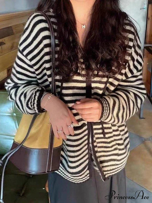 Contrasting Colors Striped Hooded Zipper Sweater Cardigan Casual Long-Sleeved Loose Hoodie Sweaters