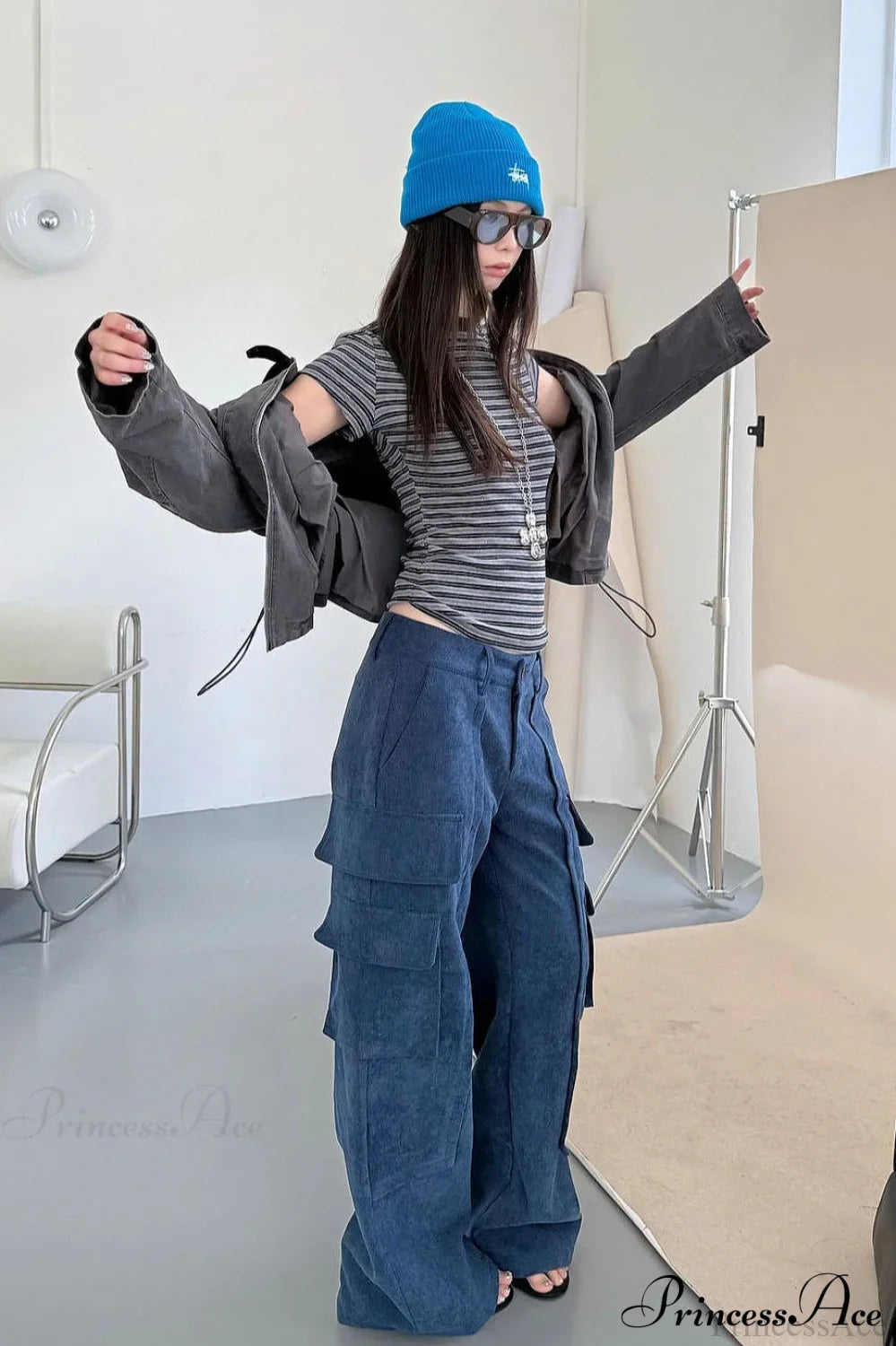 Corduroy Paneled Double Pocket Cargo Pants Dark Blue / S