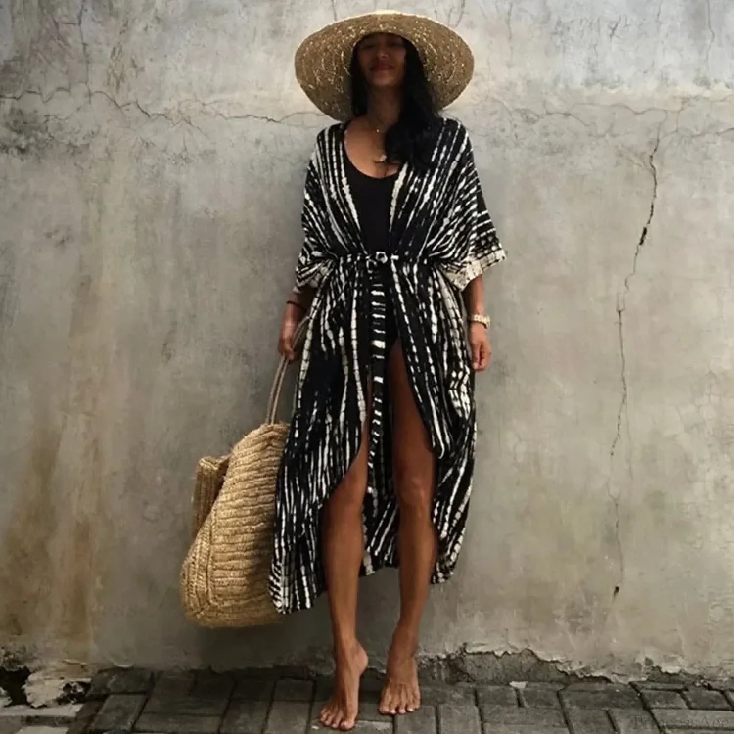 Cotton Rayon Striped Print Cardigan Boho Beach Cover up Black white / One Size bohocoverup-250126