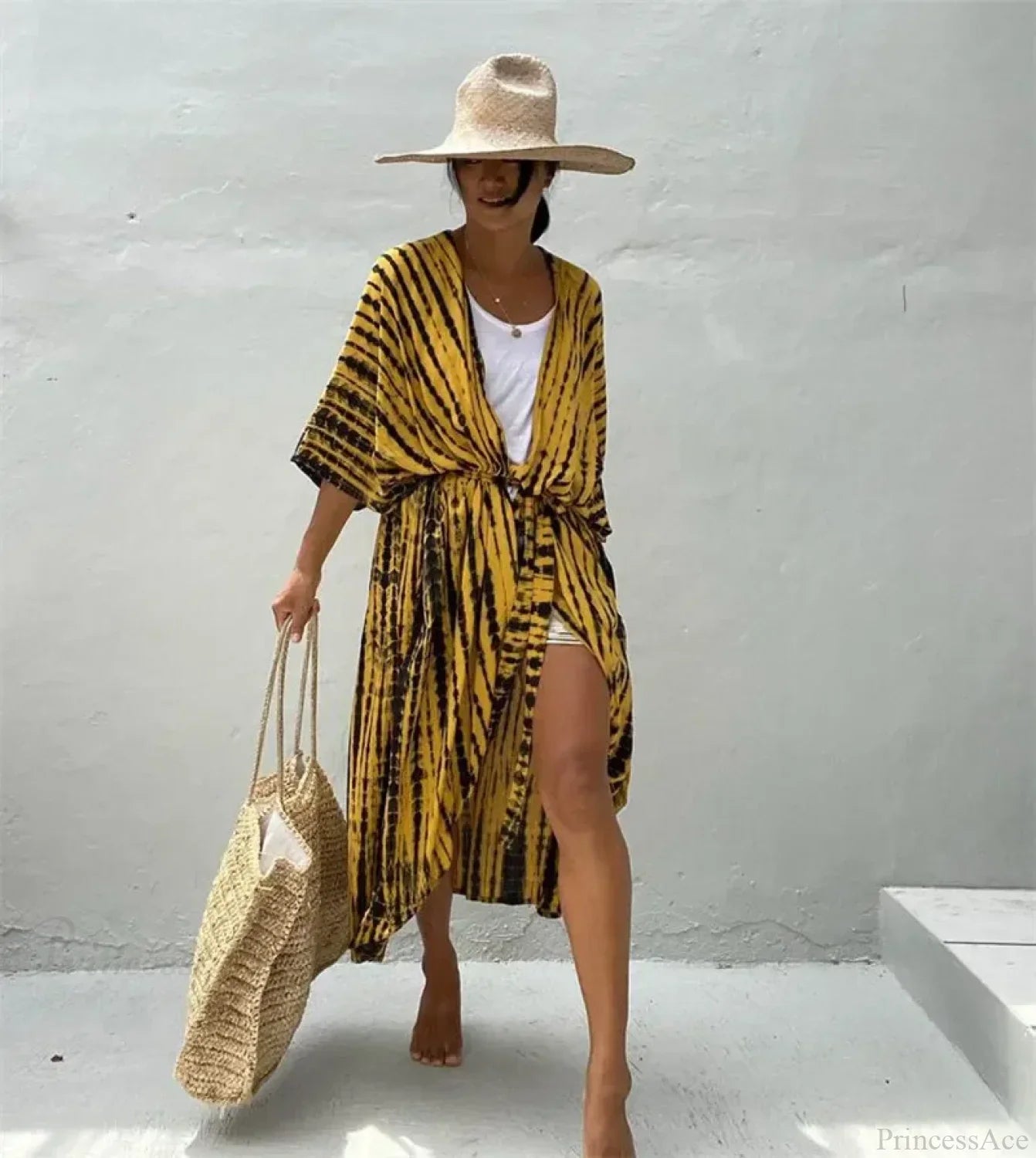 Cotton Rayon Striped Print Cardigan Boho Beach Cover up Black yellow / One Size bohocoverup-250126
