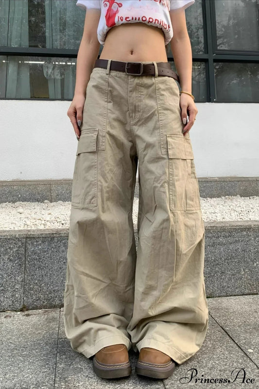 Curved Large Pocket Loose Cargo Pants Khaki / M