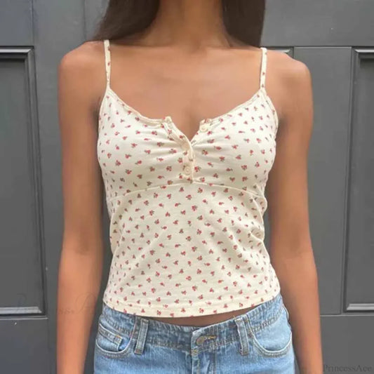Cute Floral Print Button-Up O Neck Crop Top Beige / S croptop-250126