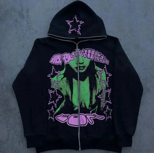 Dark Anime Visual Pullover Hoodie Black / S