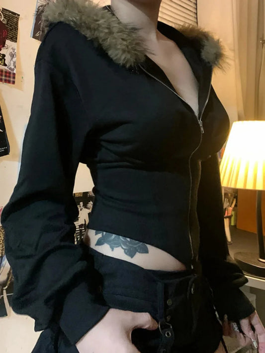Dark Futuristic Furry Hem Hoodie