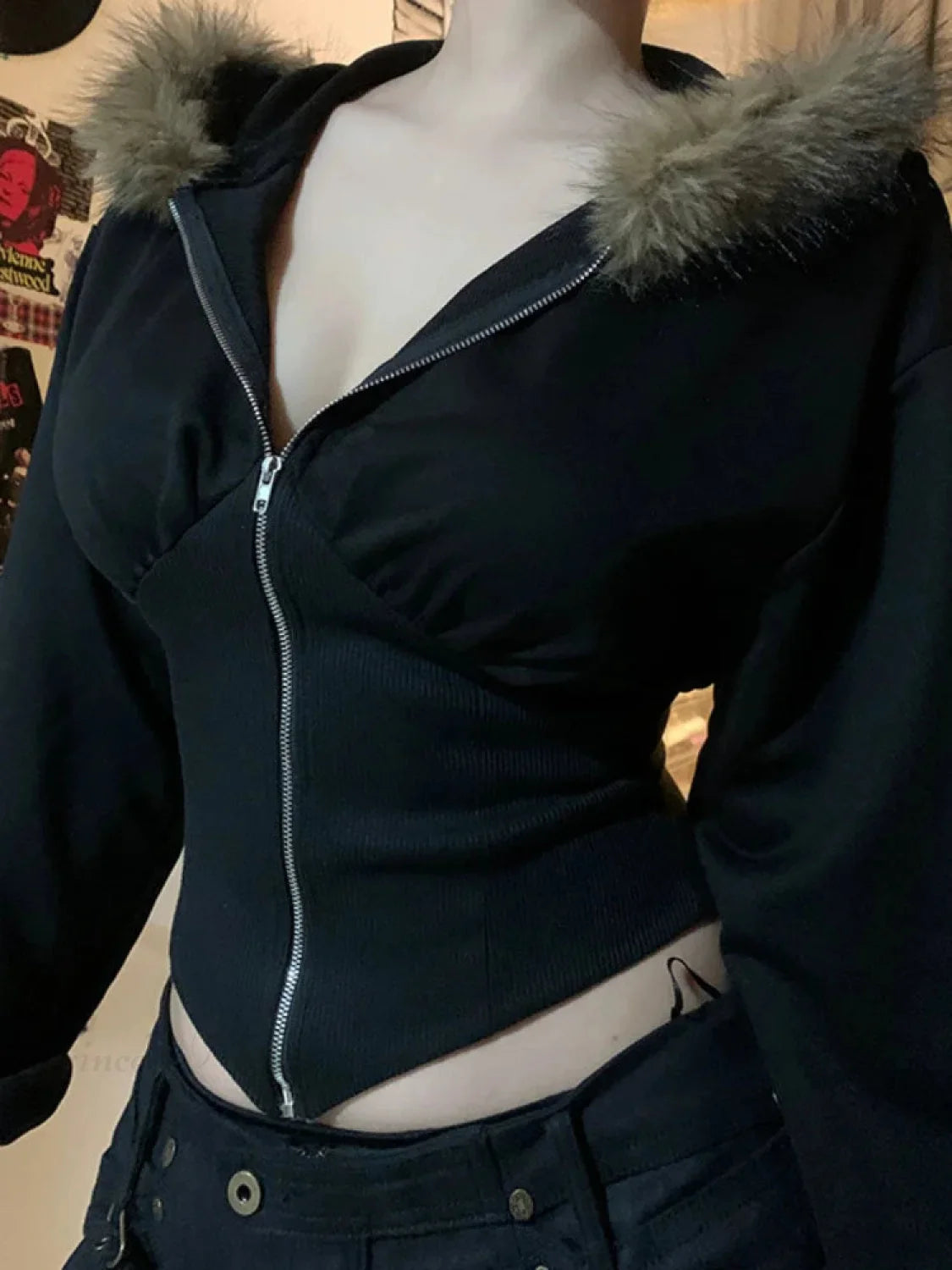Dark Futuristic Furry Hem Hoodie