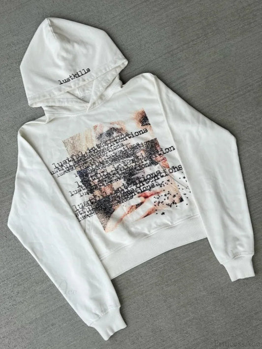Dark Graphic Print Y2K S Pullover Hoodie White / S