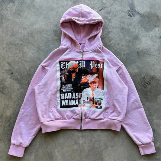 Dark Rebel Pattern Zip Hoodie Pink / S
