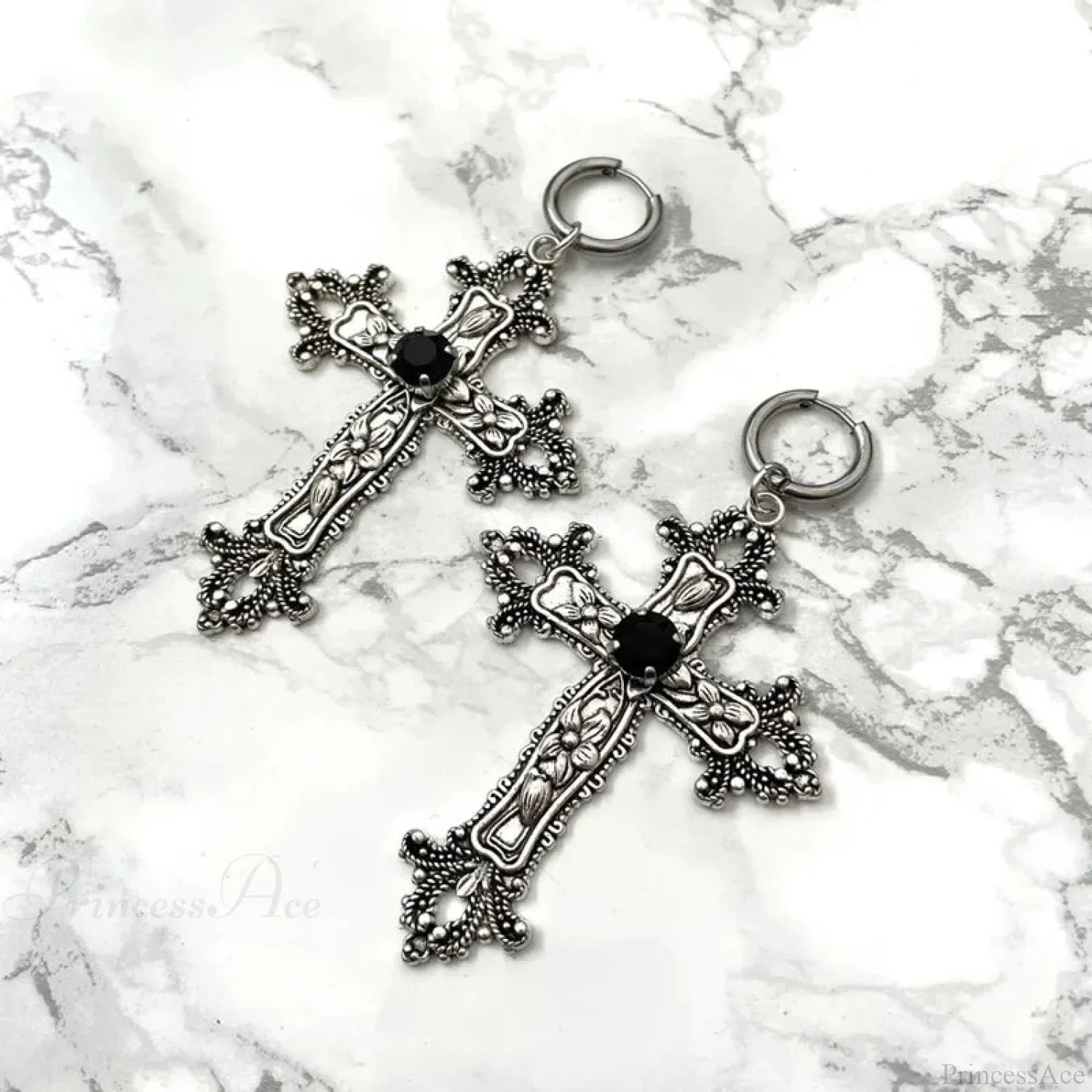Dark Silver Gem Cross Marriage Declaration Earring black