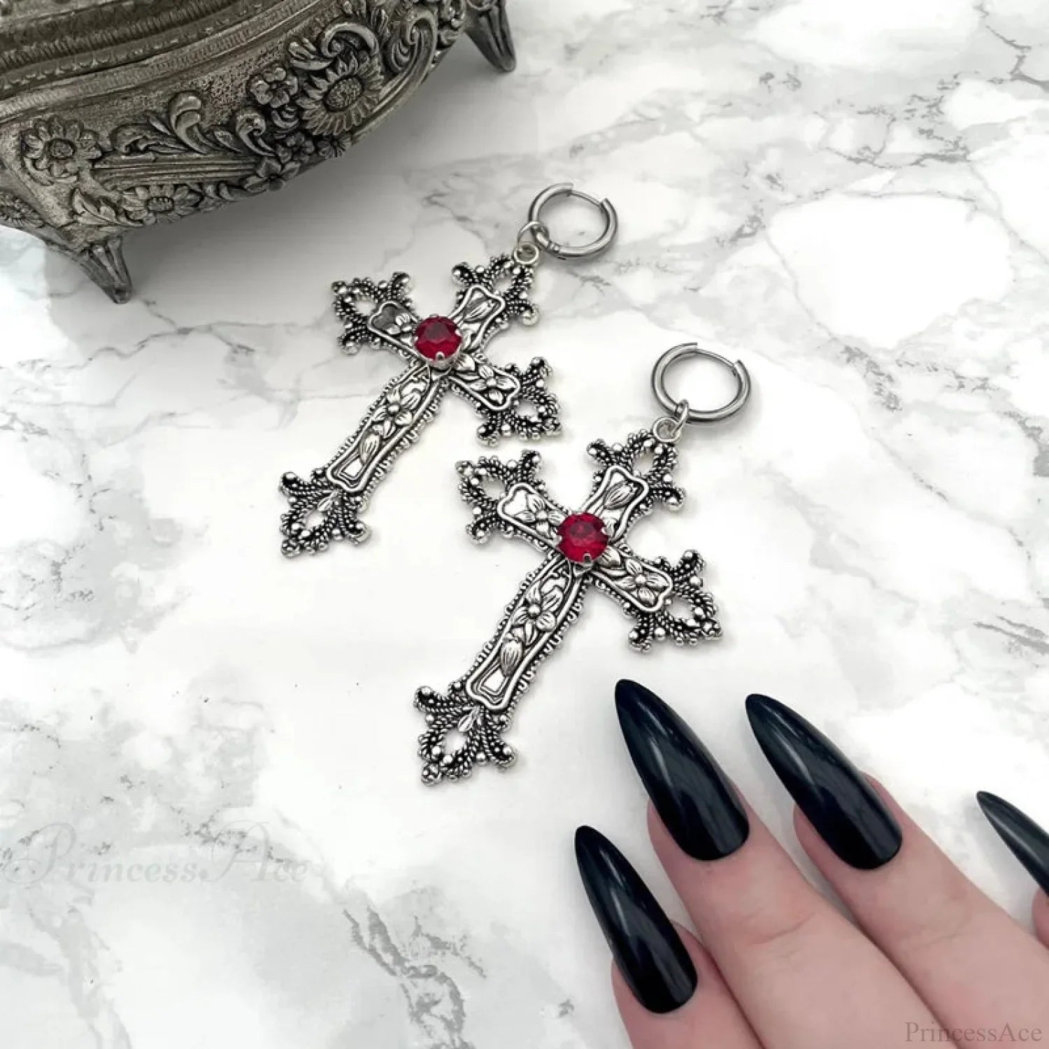 Dark Silver Gem Cross Marriage Declaration Earring red