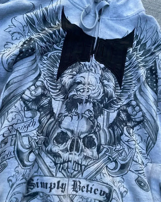 Dark Skull Print Grey Zip Hoodie