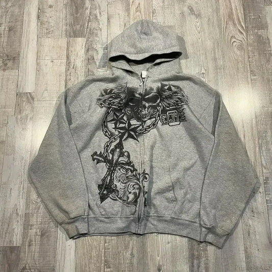 Dark Skull Print Zip Hoodie gray / S