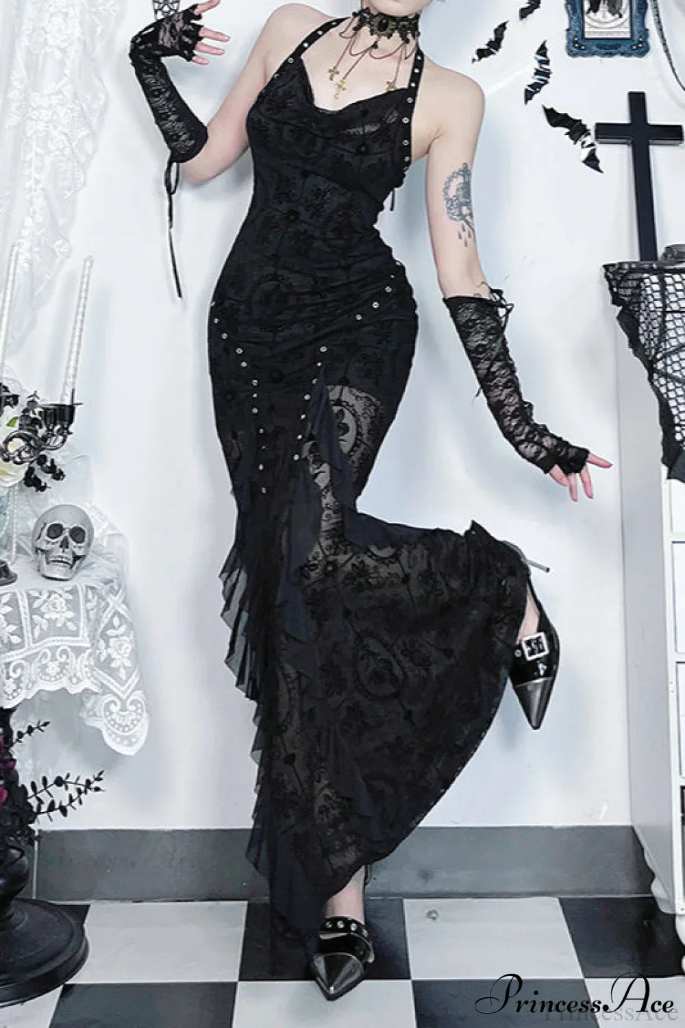 Dark Velvet Drape Gothic Dress Black / S