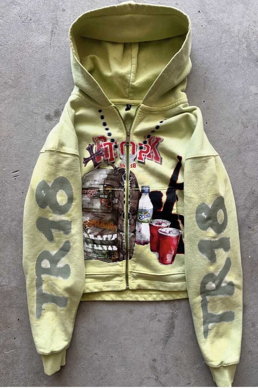 Graffiti Print Oversized Zipper Casual Hoodie
