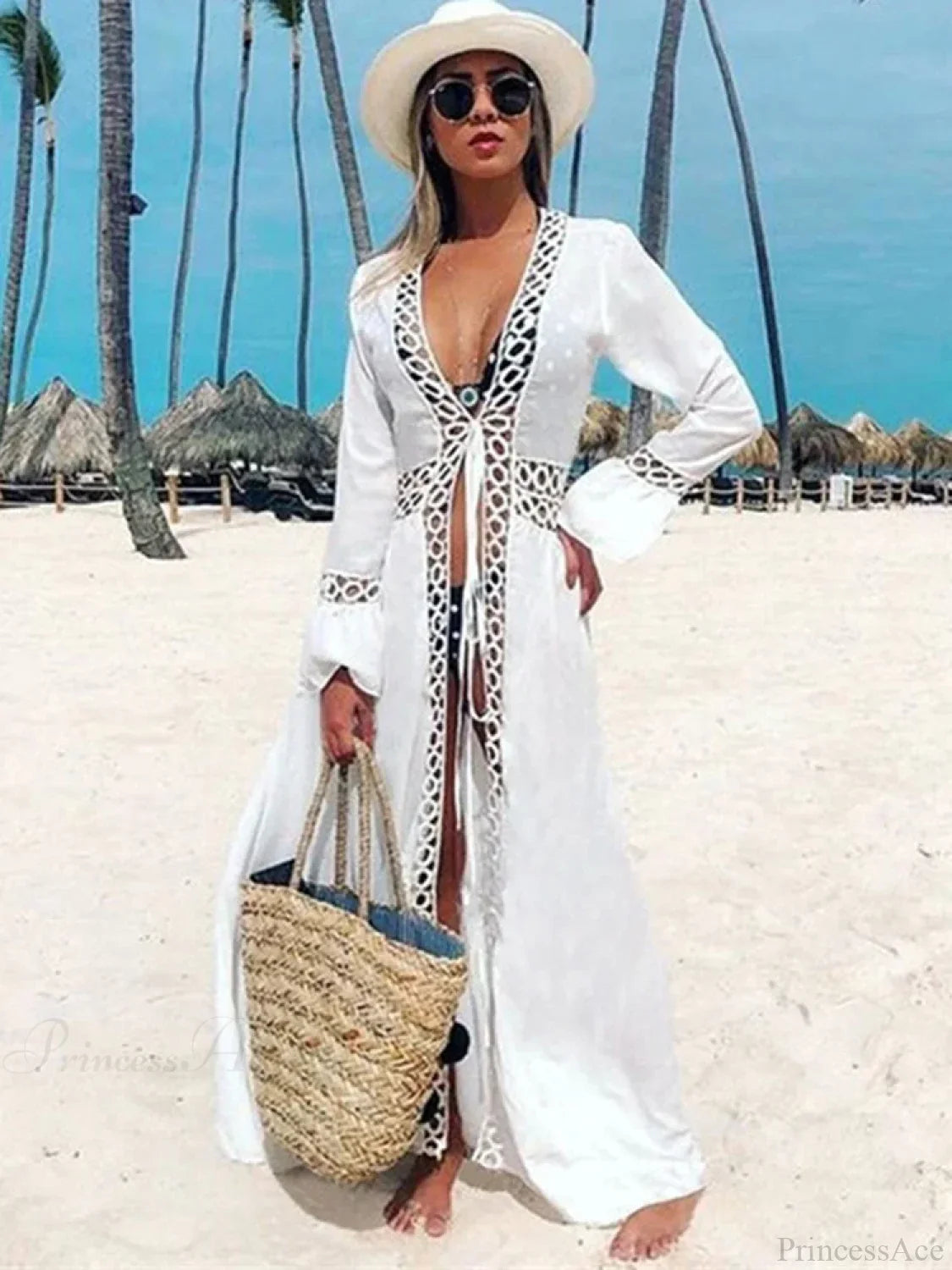 Deep V-Neck Hollow Out Bikini Cover Up WHITE / One Size