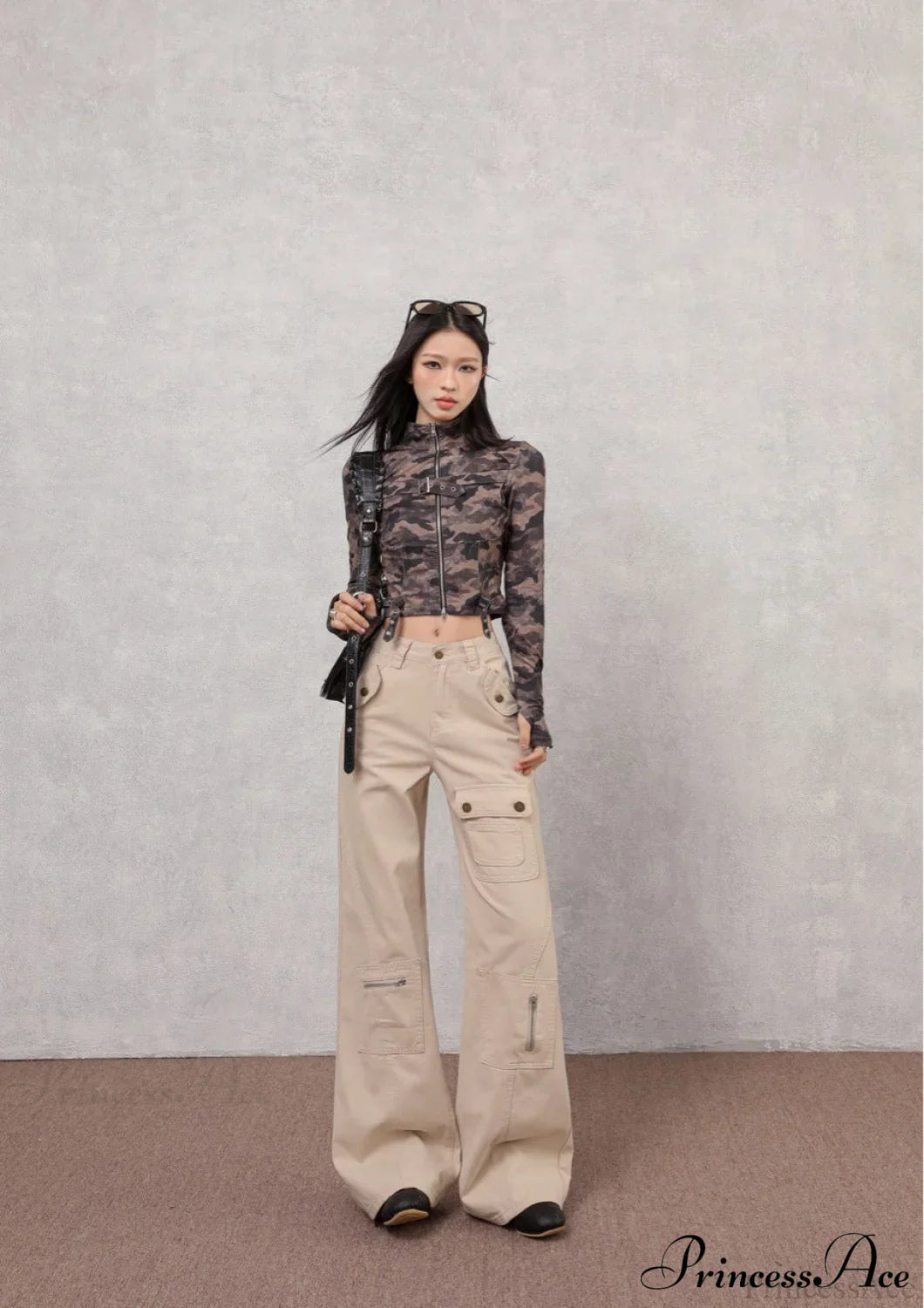 Denim Multi-Pocket High Waist Flared Cargo Pants
