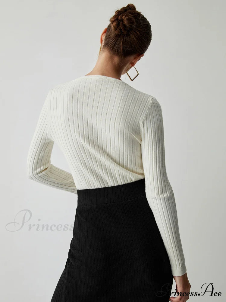 Diagonal Buttoned Rib Trendy Long Sleeve Top Sweaters-L