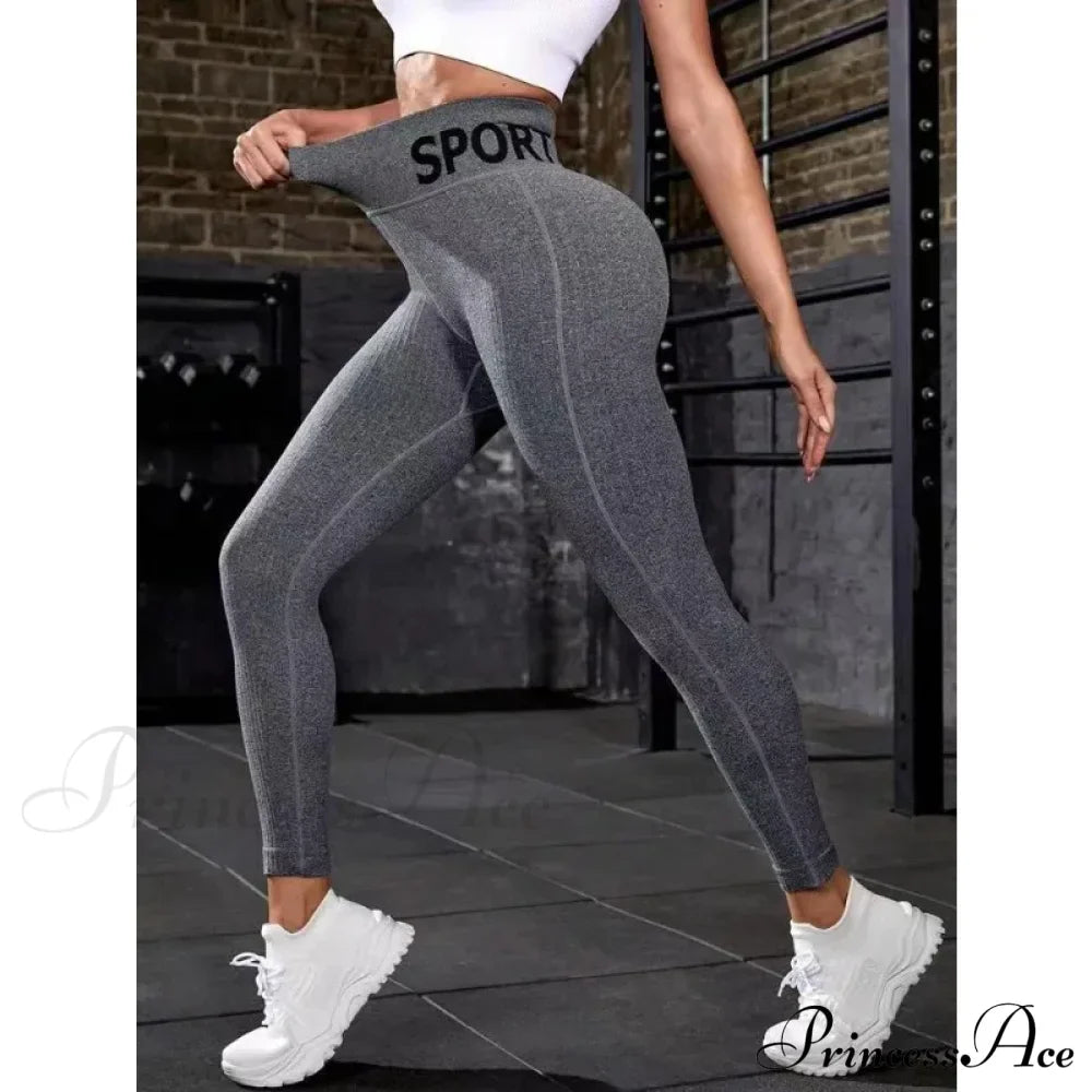 Elastic Letter Print Butt Lifting Yoga Legging Gray / S