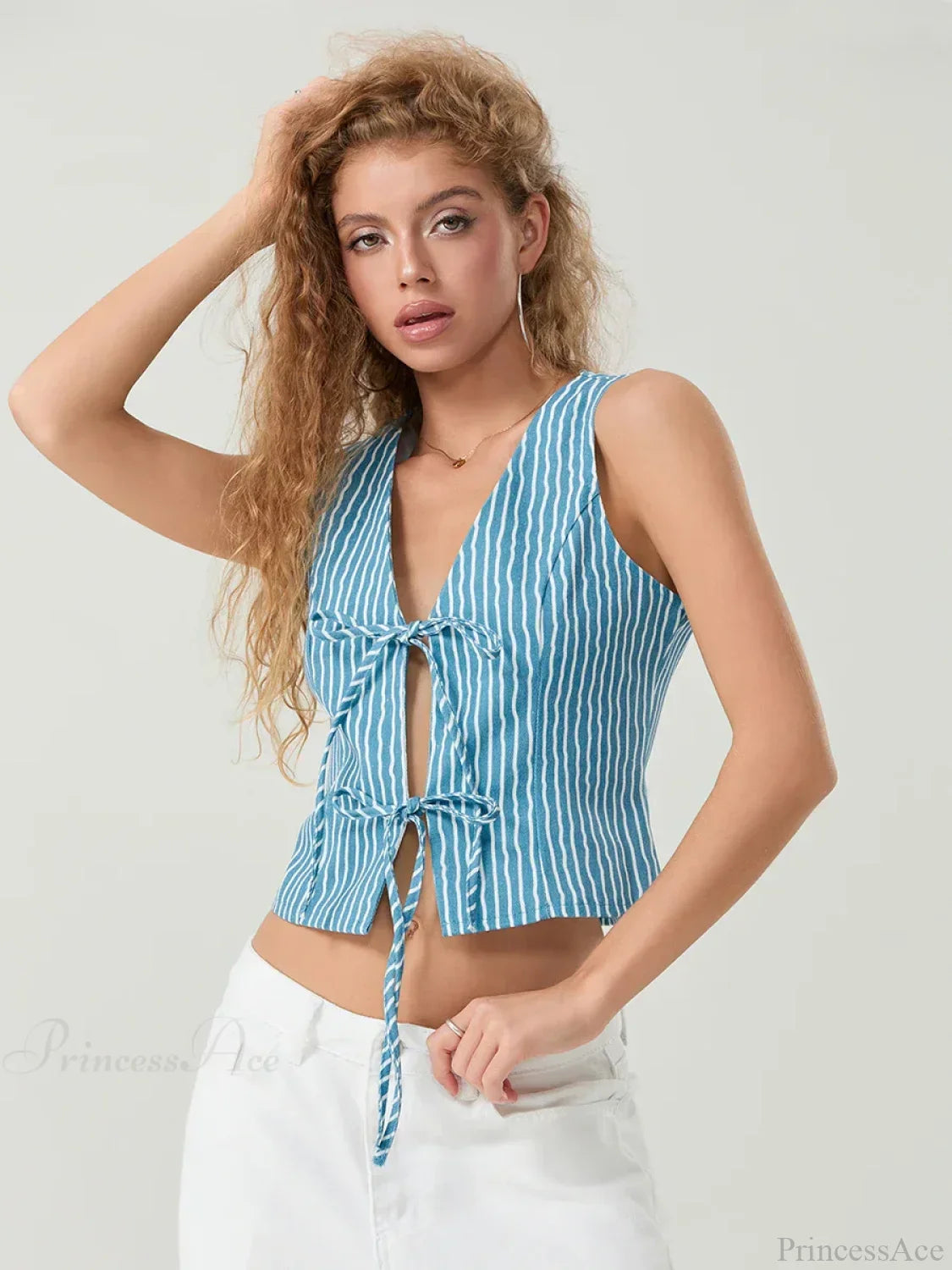 Elegant Bow Tied Front Striped Sleeveless V-neck Crop Tank croptop-250126