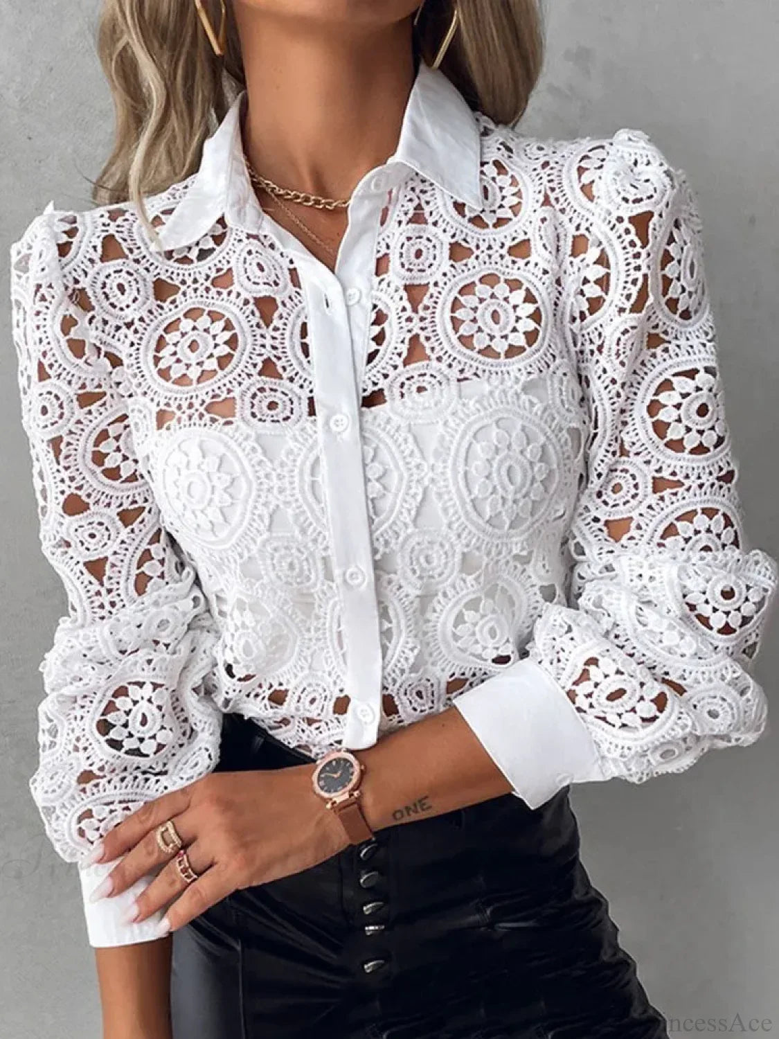 Elegant Lace Patchwork White Blouse blouse-250126