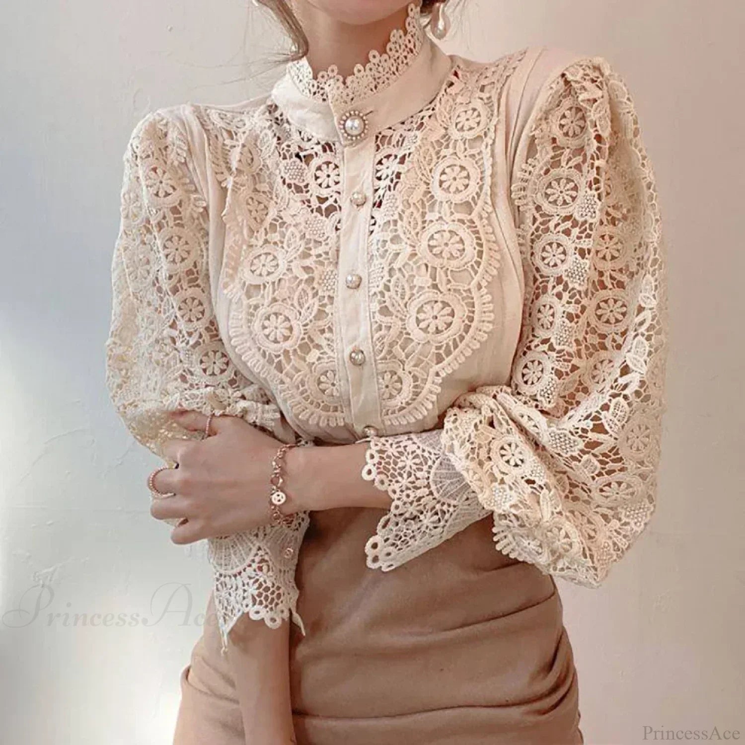 Elegant Lace Patchwork White Blouse Apricot / S blouse-250126