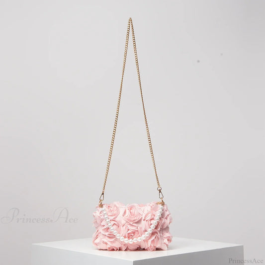 Elegant Rose Flower Faux Pearl Metal Chain Clutch Bag clutchbag-250126