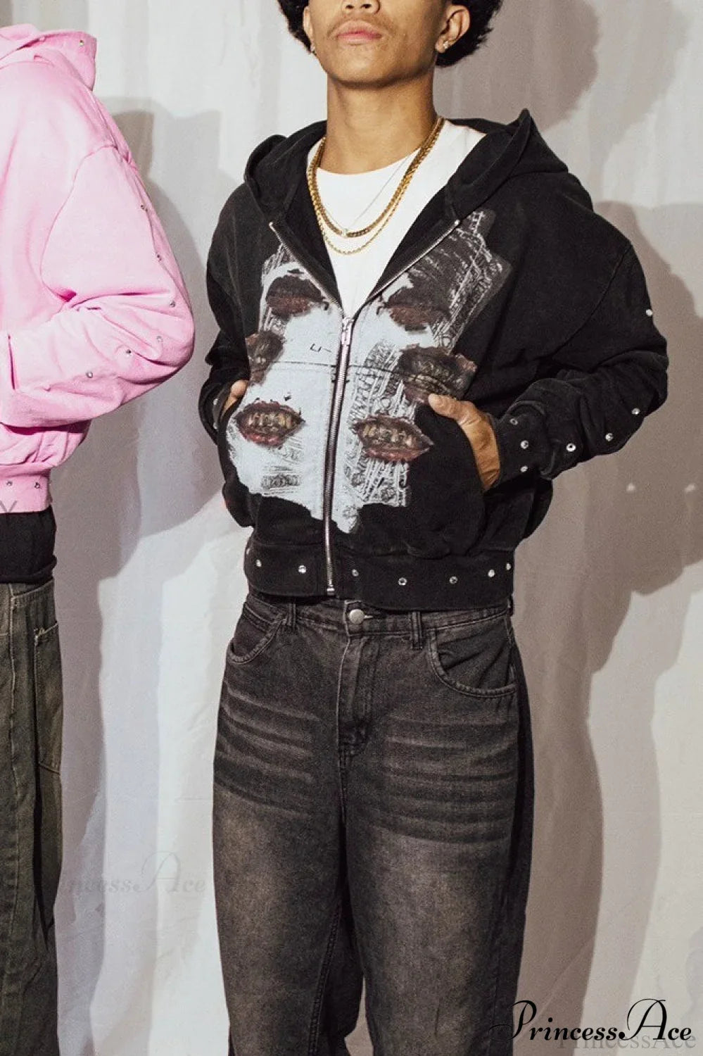 Embroidery Rhinestone Print Zip Hoodie