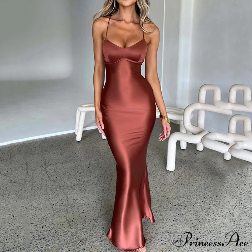 Emilia Draped Stylish Satin Gown Brown / S S.o. Long Dresses