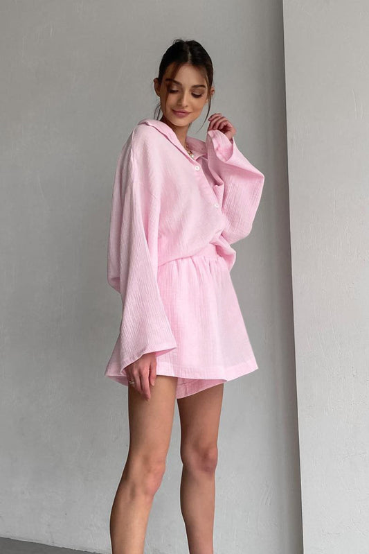 Cotton Long Sleeve Shirt Wide Leg Pants Two Piece Set