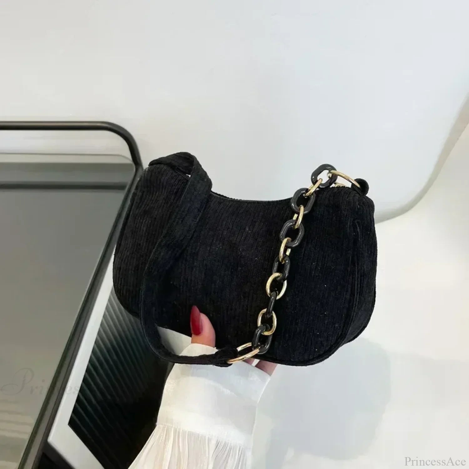 Fashion Corduroy Zipper Underarm Shoulder Bag Black shoulder-250126