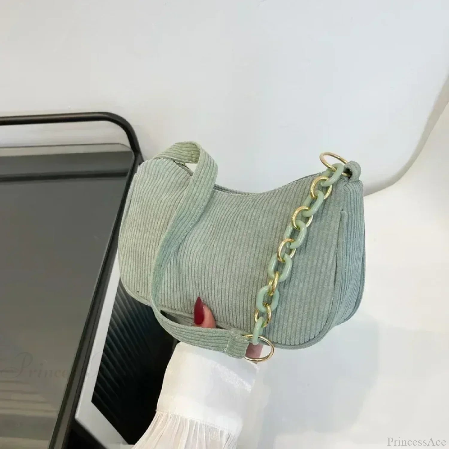 Fashion Corduroy Zipper Underarm Shoulder Bag Green shoulder-250126