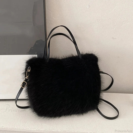 Faux Fur Plush Bucket Tote Winter Crossbody Shoulder Handbag Black handbag-250126