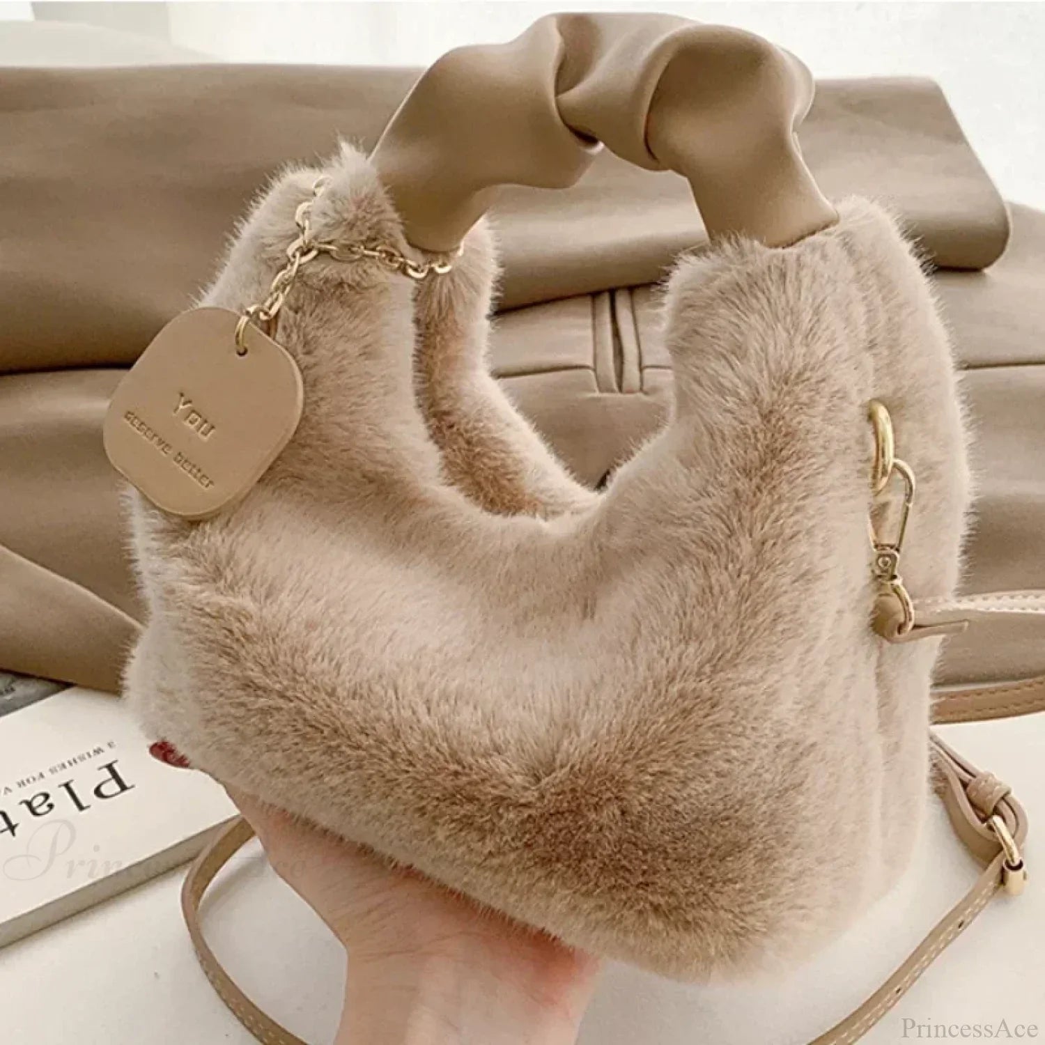 Faux Fur Plush Ruched Handle Crossbody Handbag handbag-250126