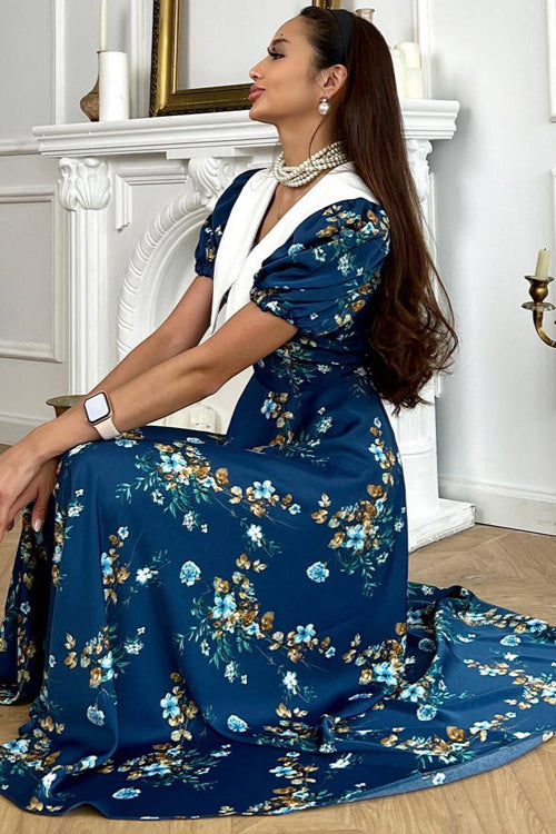 Doll Collar Short Sleeve Blue French Elegant Floral Dress