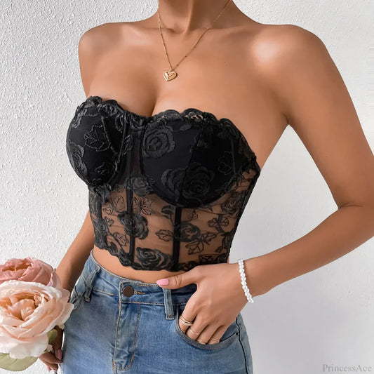 Floral Lace Backless Short Y2K Sexy Crop Top Black / S croptop-250126