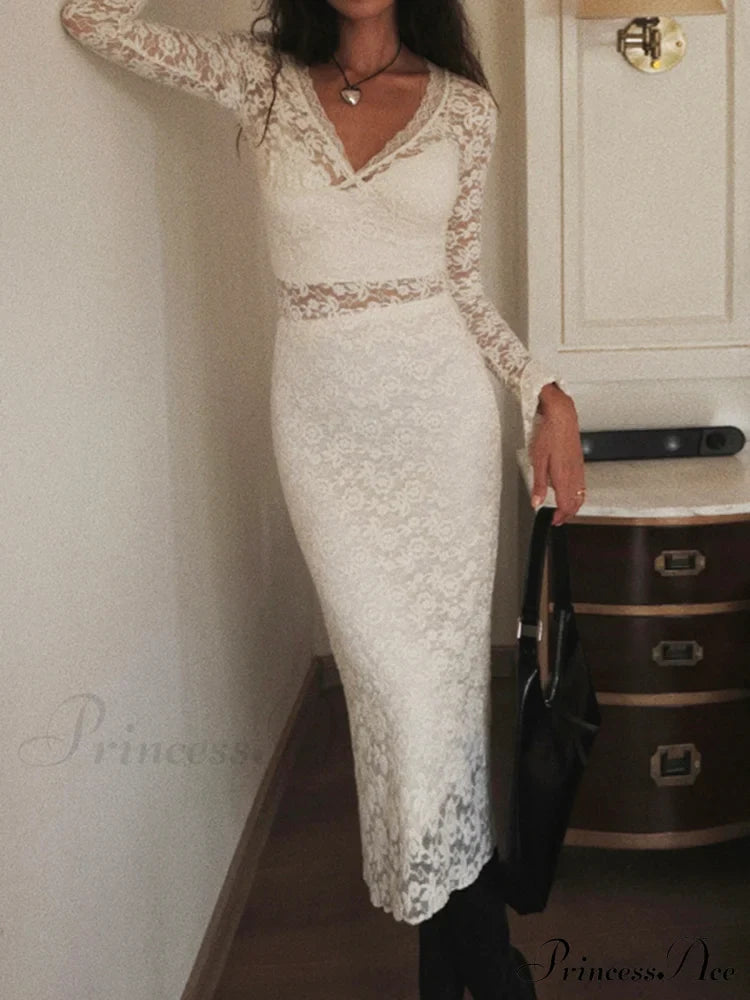 Floral Lace Long Trendy Sleeve Plunge Midi Dress Dresses