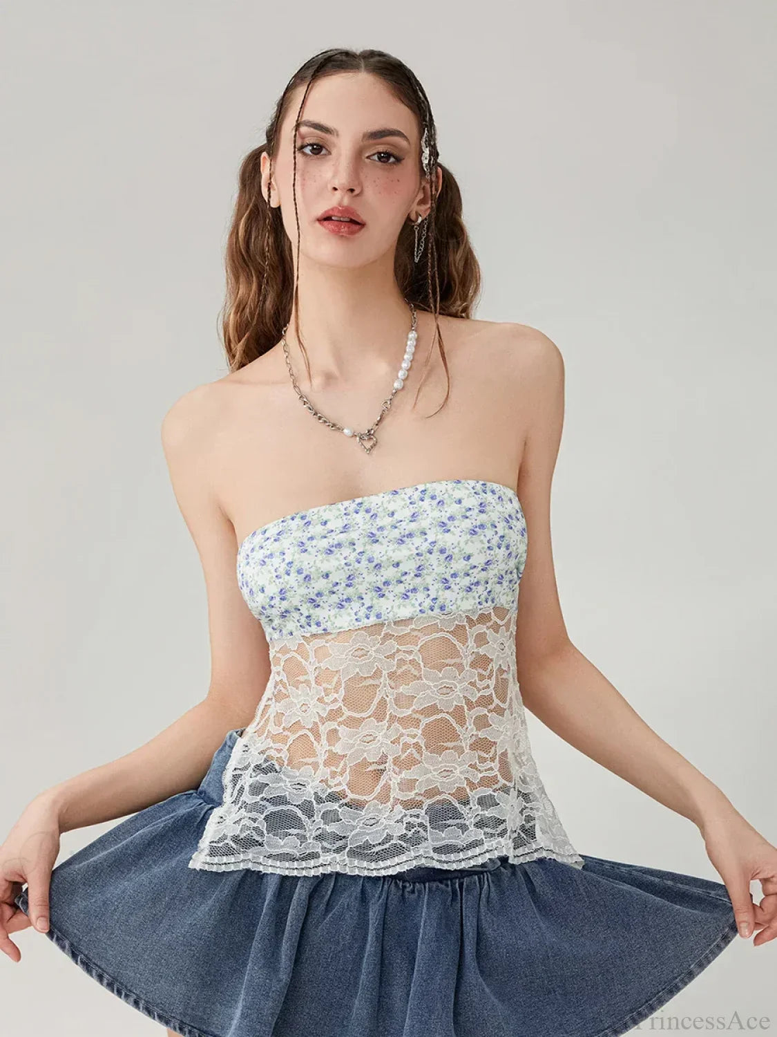Floral Lace Mesh Sheer Strapless Backless Tie-up Tube Top croptop-250126