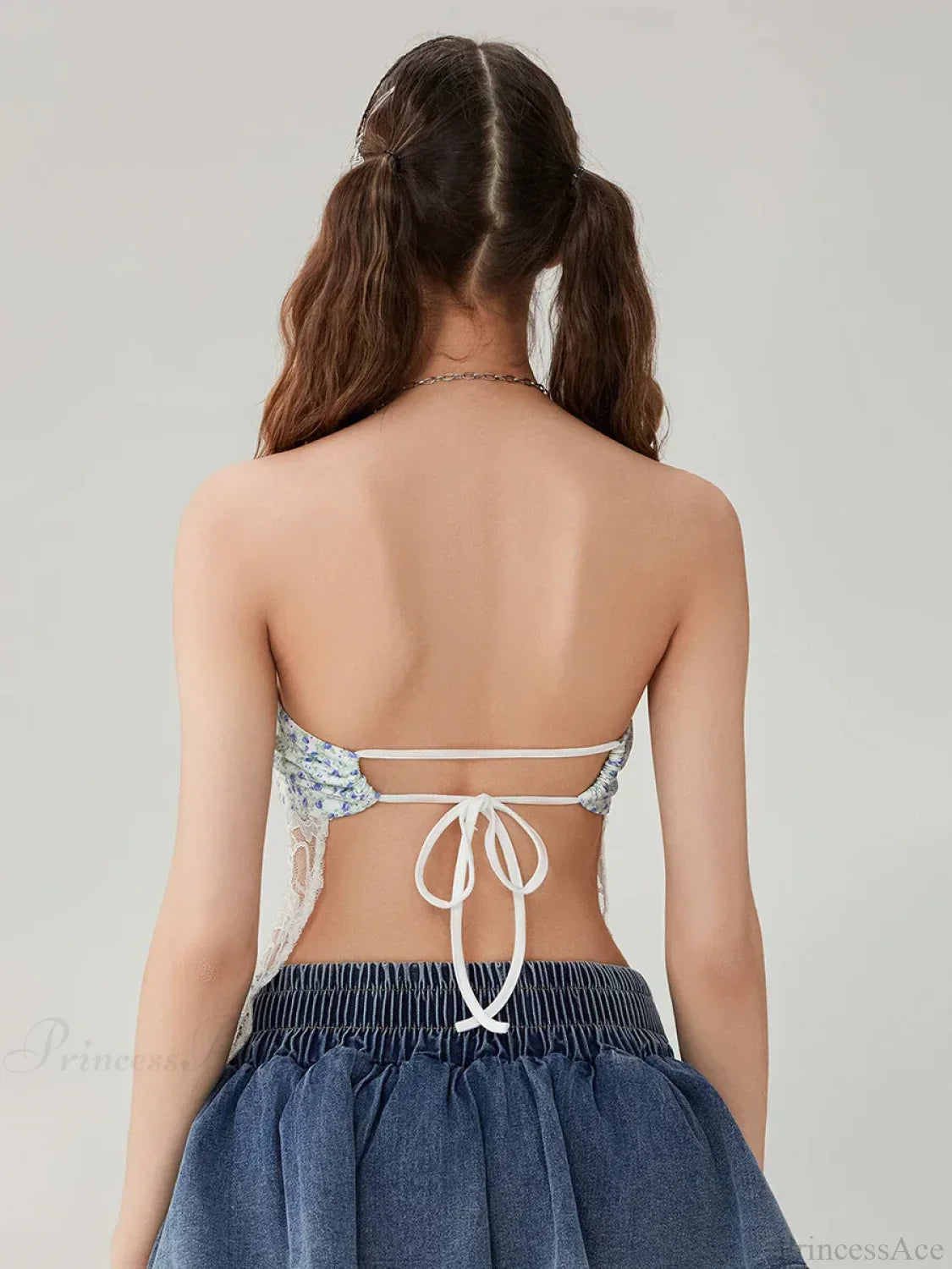 Floral Lace Mesh Sheer Strapless Backless Tie-up Tube Top croptop-250126