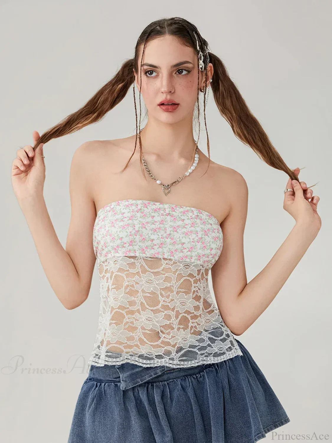 Floral Lace Mesh Sheer Strapless Backless Tie-up Tube Top Pink / S croptop-250126