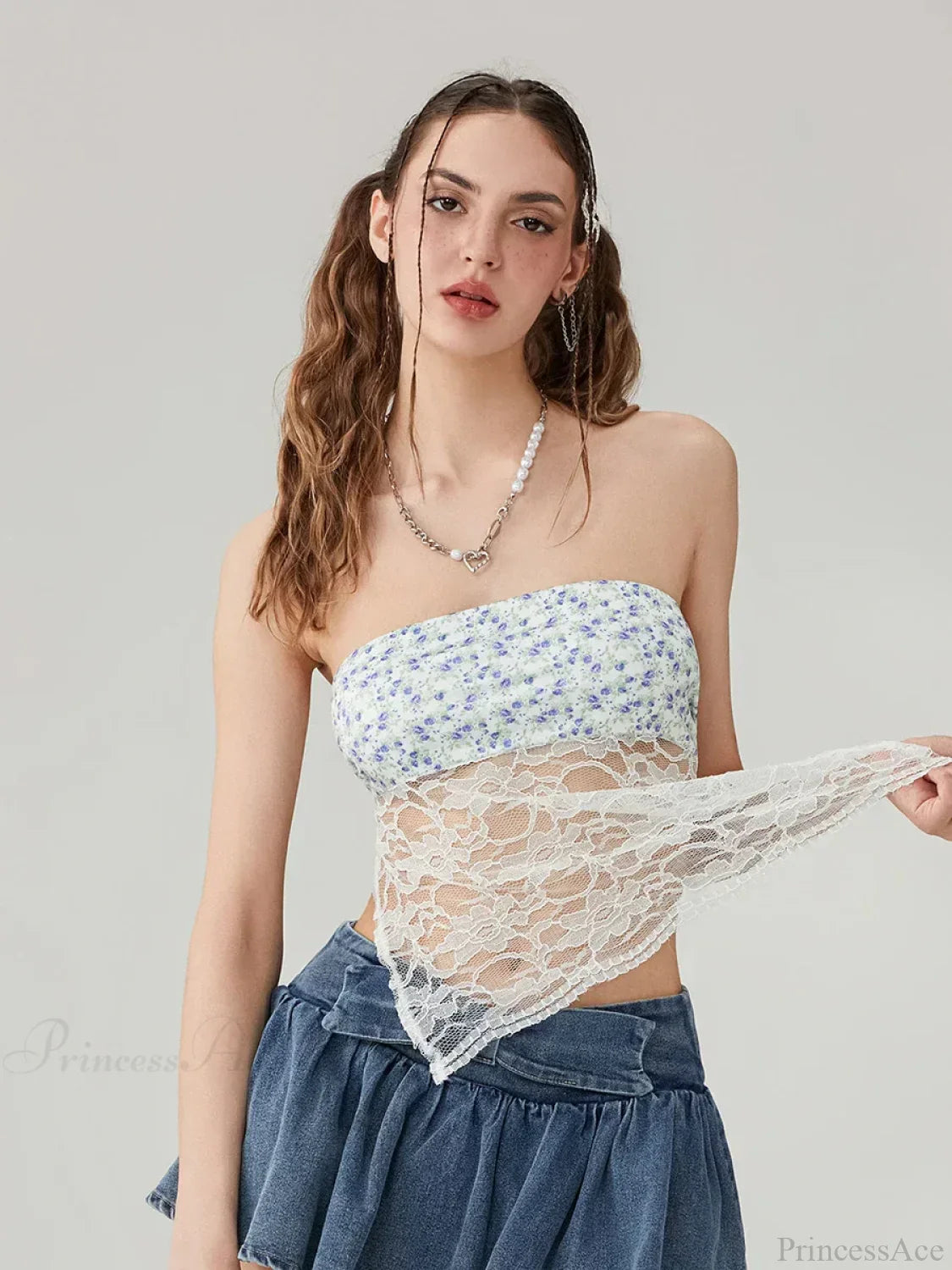 Floral Lace Mesh Sheer Strapless Backless Tie-up Tube Top PURPLE / S croptop-250126