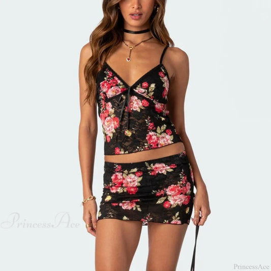 Floral Lace V Neck Spaghetti Strap Crop Top Mini Pencil Skirt Two Pieces Set Black / S twopiecesset-250126