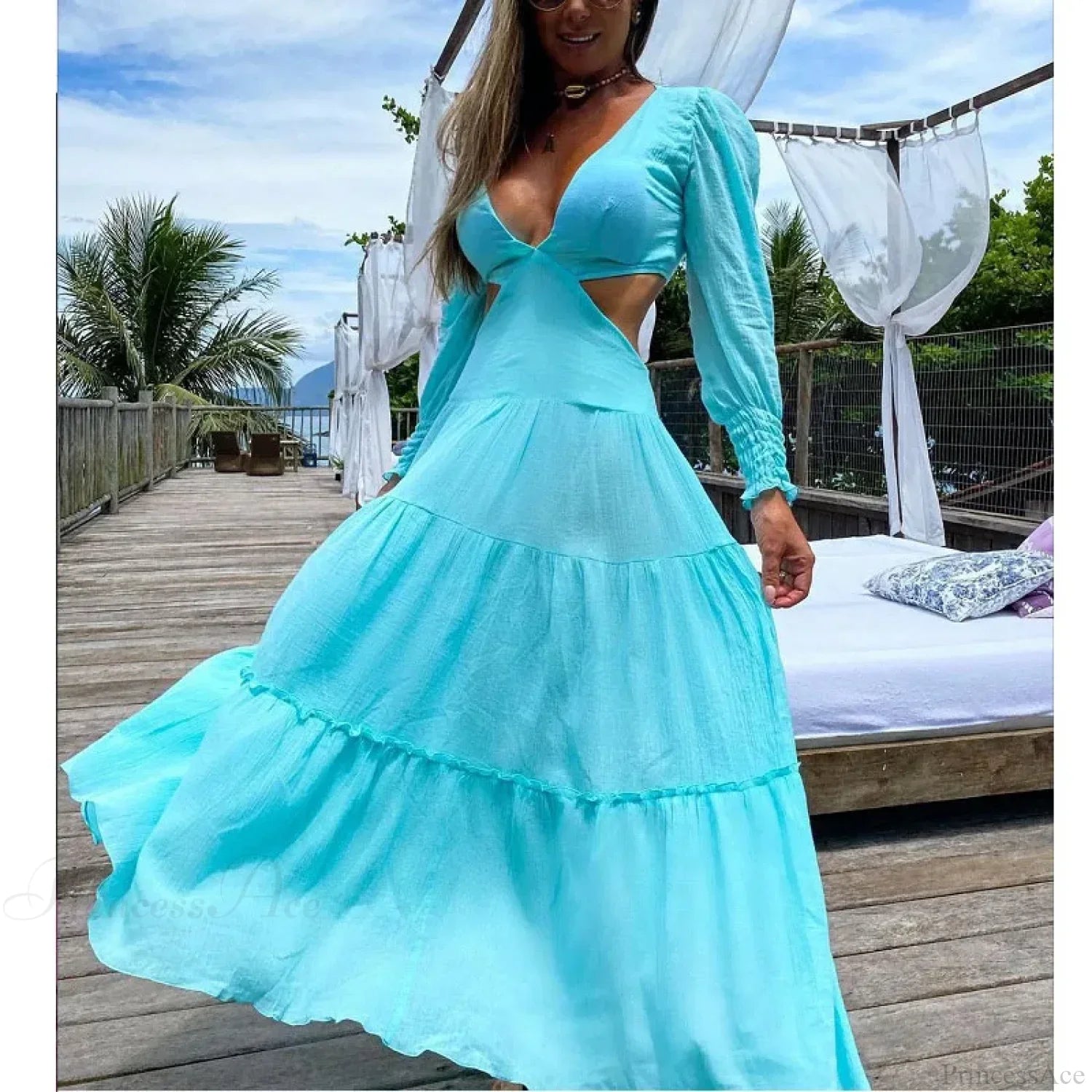 Floral Long Sleeve Beach Kimono Cover Up blue2 / S