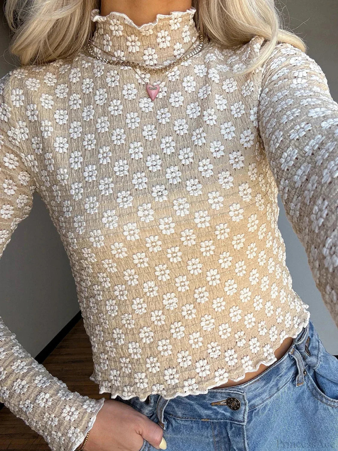 Floral Sheer Mock Neck Long Sleeve Lettuce Hem Crop Top croptop-250126