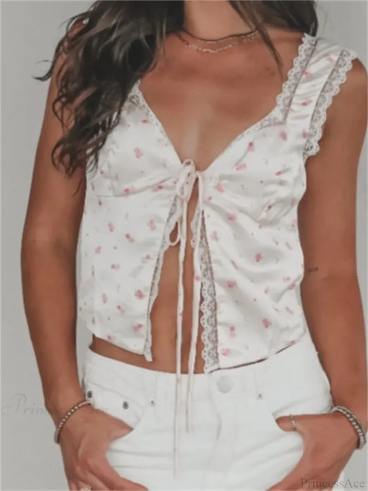 Floral V-neck Lace Trim Tie-up Tank Crop Top WHITE / S croptop-250126