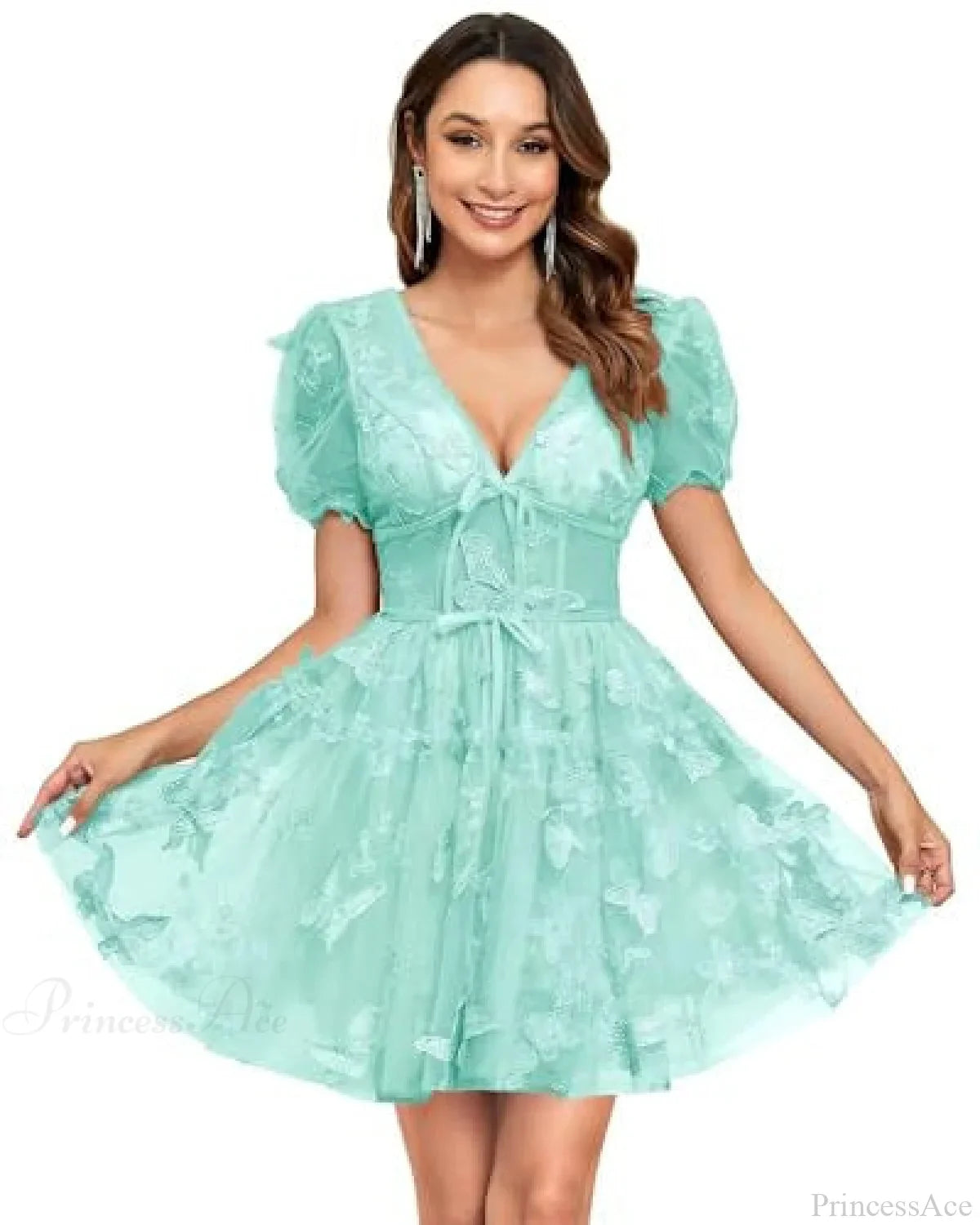 Floral V-Neck Short Wedding Dress blue3 / US 2 weddingdress-250223