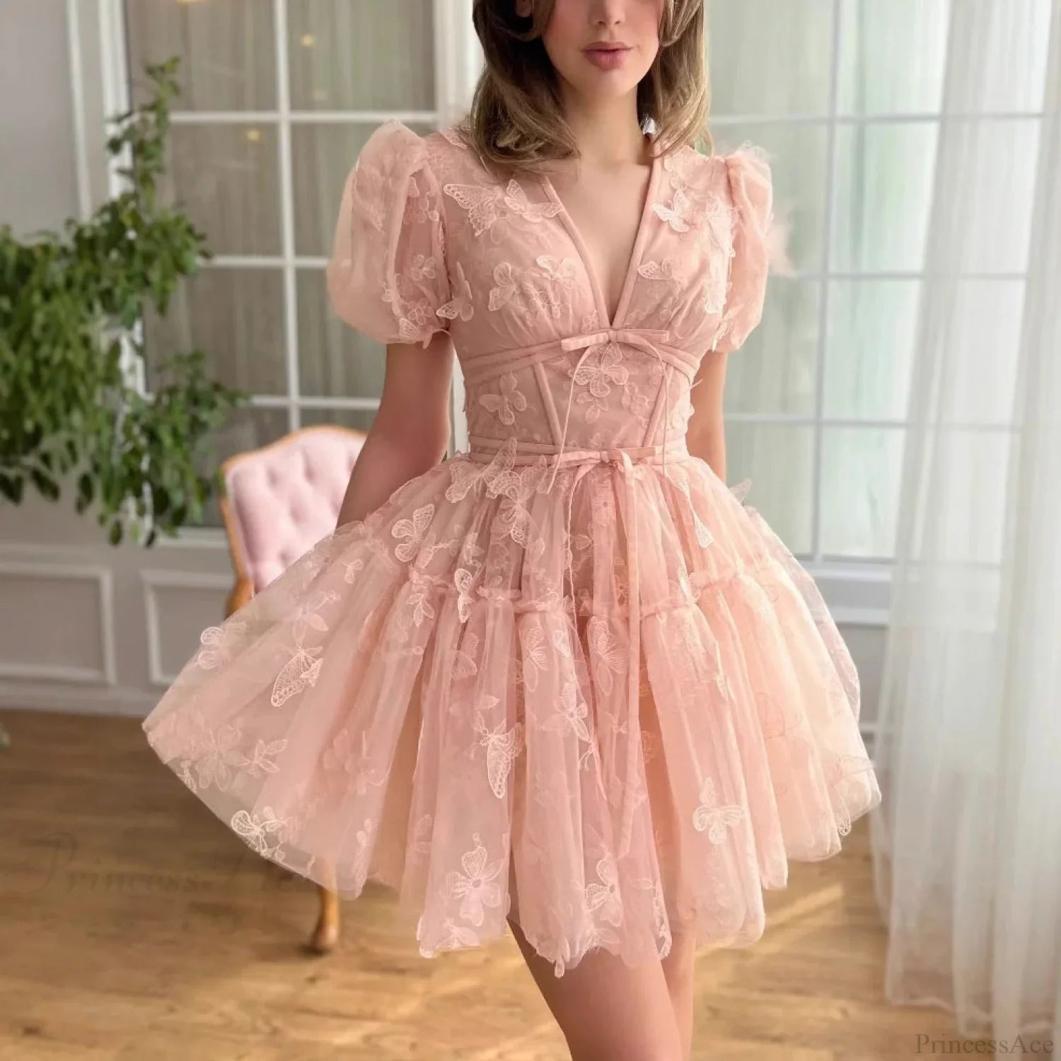 Floral V-Neck Short Wedding Dress Pink / US 2 weddingdress-250223
