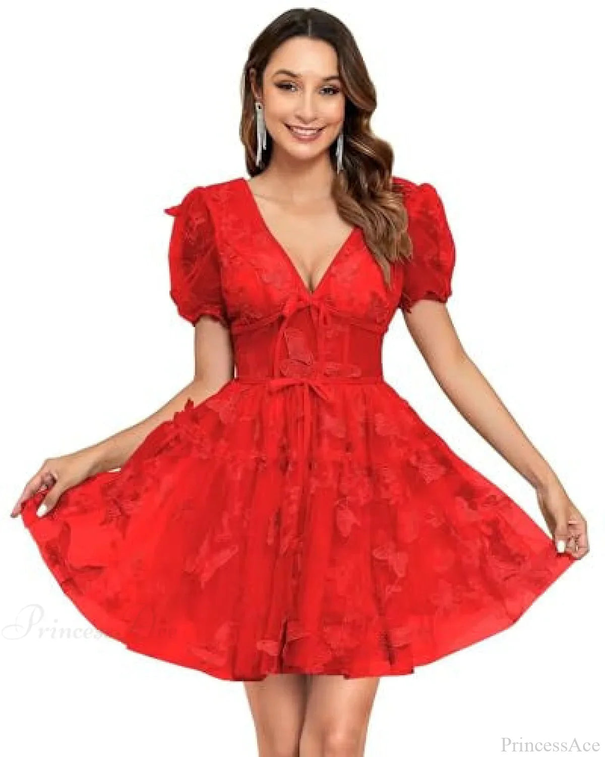 Floral V-Neck Short Wedding Dress red1 / US 2 weddingdress-250223