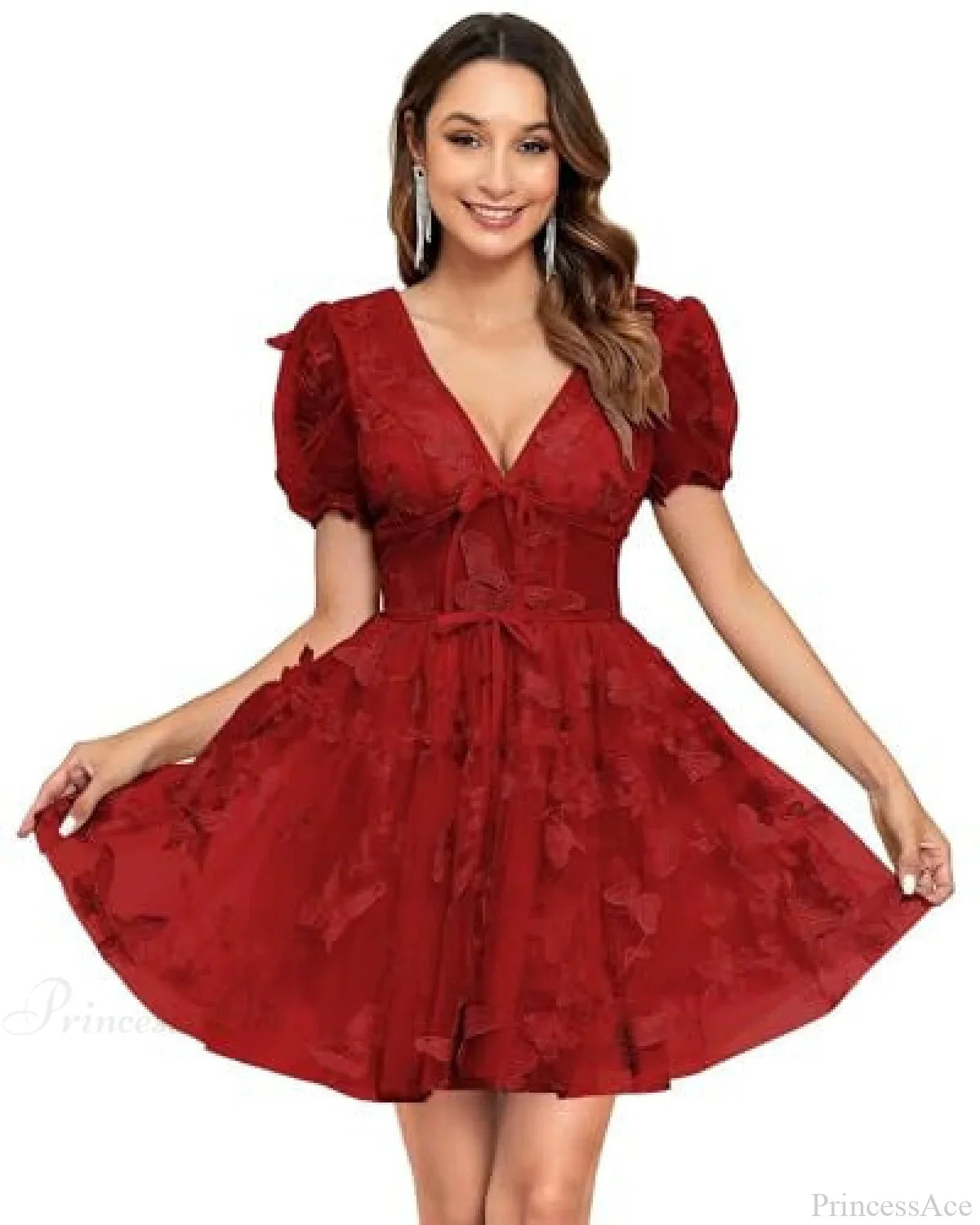 Floral V-Neck Short Wedding Dress red2 / US 2 weddingdress-250223