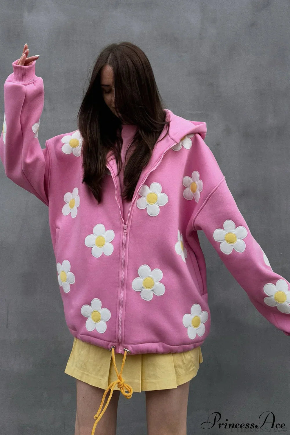 Flower Applique Loose Zip Hoodie Pink / S