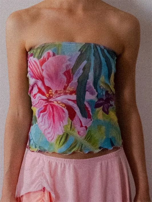 Flower Print Strapless Backless Tube Crop Top croptop-250126